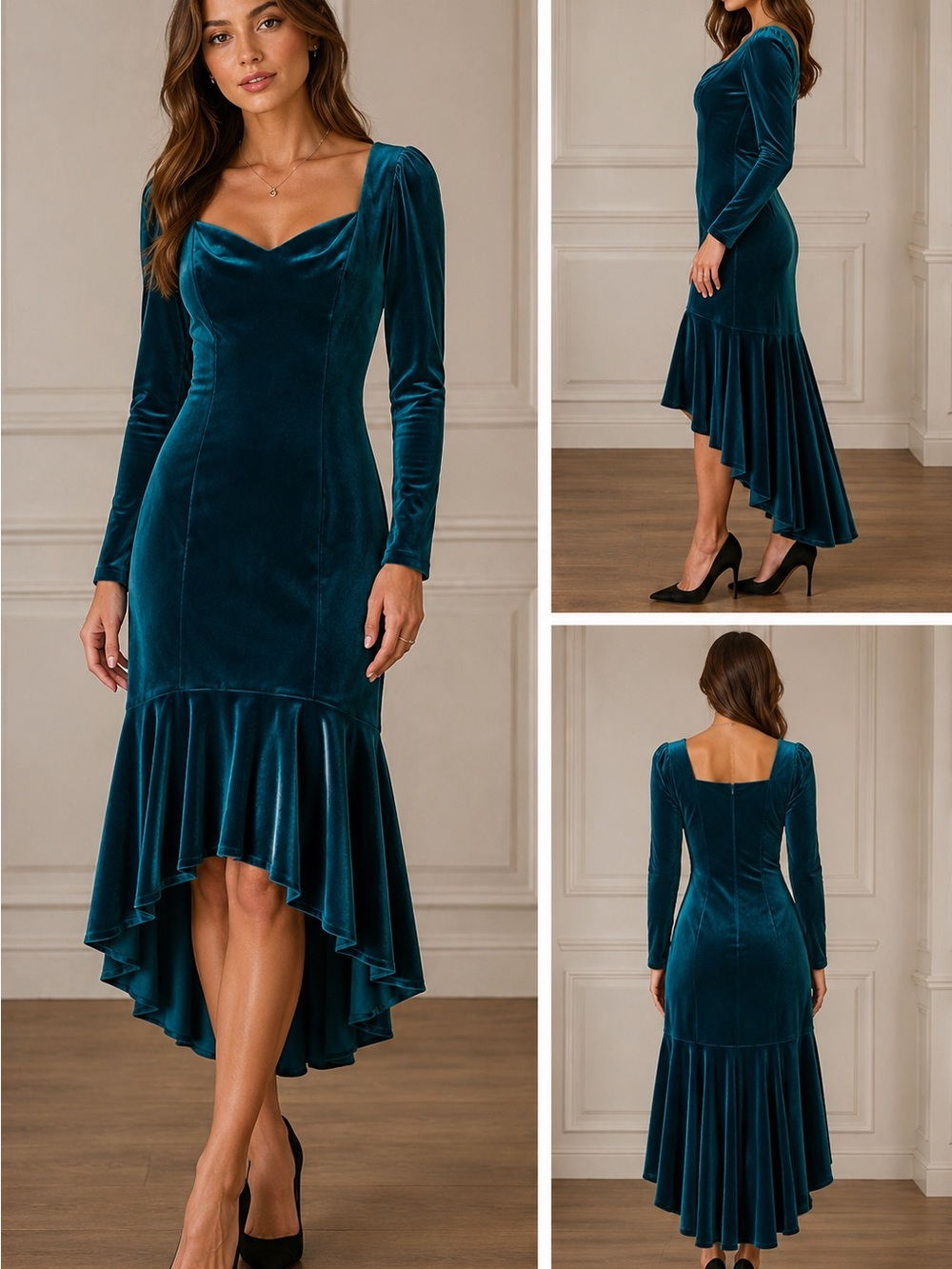 Vintage 90s Teal Velvet Mermaid Maxi Dress Gothic Formal Prom Size 6 8 Medium
